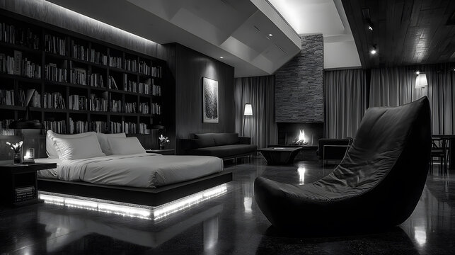 Interior view of a mid-century modern living room,Master Bedroom Interior Luxury royal Modern Design