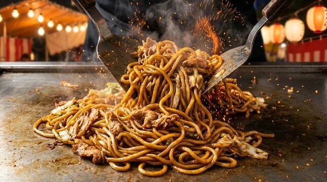 Stir-fried noodles with tender strips of meat being served on a hot Teppanyaki griddle in an lively outdoor market setting with