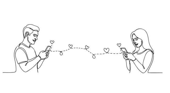 Continuous line drawing of couple using smartphones for online dating, romantic long distance relationship concept, man and woman sending love hearts