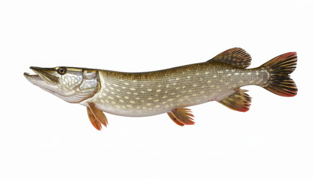 Realistic of a northern pike fish facing left on a white background