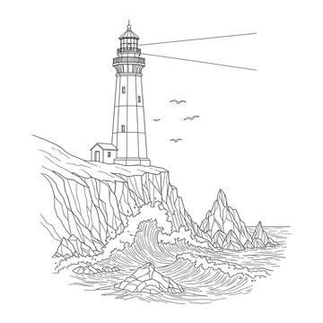 Lighthouse guiding ships through stormy seas on a rocky coastline at dawn