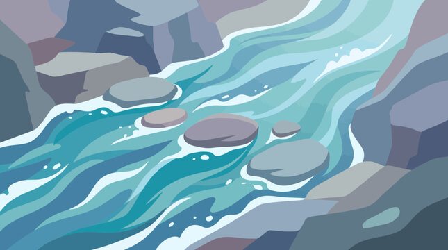 Vector illustration of a mountain river with stepping stones