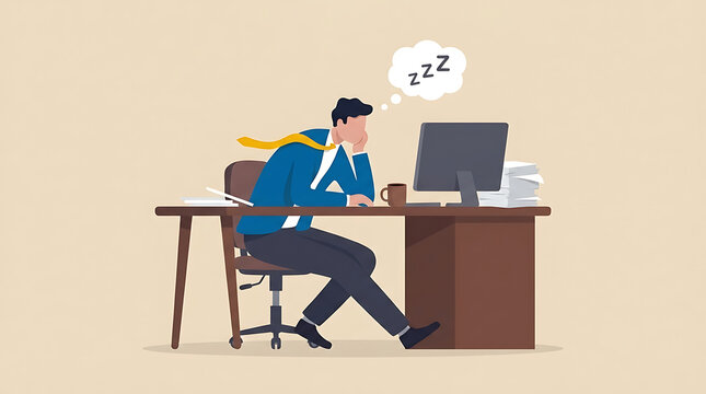 Exhausted male corporate employee experiencing afternoon slump and professional burnout while sitting at office desk feeling fatigue sleepy bored and unmotivated with head on hand
