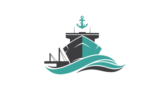 Modern Cargo Ship Sailing Through Teal Waves with Anchor Icon.