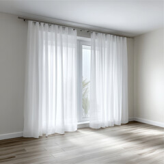 Fototapeta premium Sheer white curtain modern window bright sunlight minimalist room wooden floor peaceful atmosphere home interior clean wall