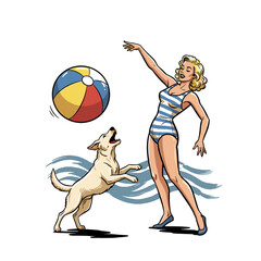 Retro pin-up girl in striped swimsuit playing beach ball with dog, vintage comic style pop art illustration isolated on white