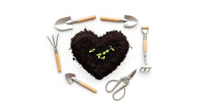 Nurturing growth heart of soil with sprouts encircled by garden implements