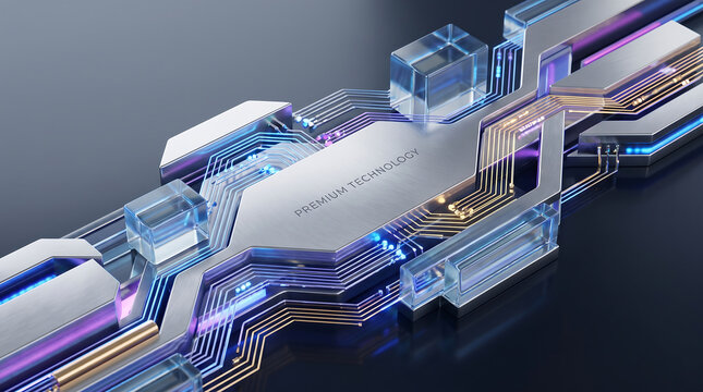 Futuristic circuit board with neon lights and microchips