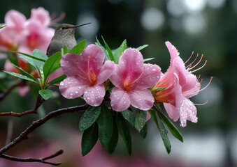 Obraz premium Hummingbird perched on azalea branch with pink flowers, water droplets, green leaves, and blurred background, peaceful natural scene