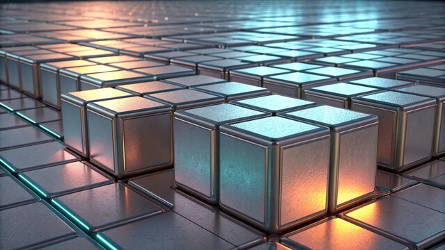 Exploration of a futuristic metallic cube matrix with reflective surfaces and glowing edges
