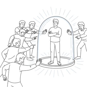 A man protected by a shield, remaining calm and resilient while others point fingers, illustrating self-preservation against external negativity and public criticism