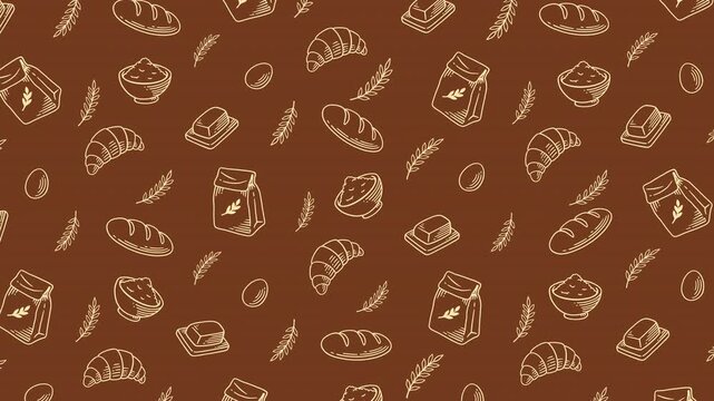 Bakery ingredients and bread hand drawn seamless pattern background animation set for cafes. Motif pattern of bread loaves, croissants, flour bags, butter, eggs, wheat doodle illustration for pastry