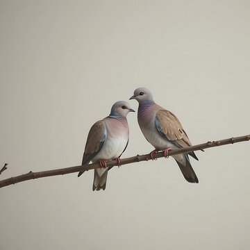 Two lovely mourning doves sitting together on a thin tree branch against a soft gray morning sky. 2 turtle doves