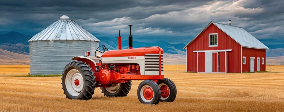 Vintage red tractor in a golden field with red barn and silver grain silo under a stormy sky