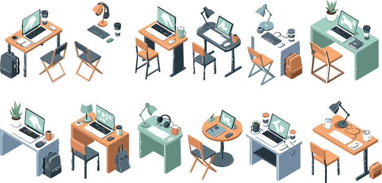 Modern Home Office Workspace Isometric Icon Set with Desk, Computer, Laptop, Chair, Accessories, Remote Work Setup and Productivity Vector Collection