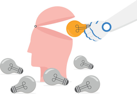 Robotic hand putting idea bulb into human head