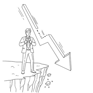 Businessman standing at the edge of a cliff with a falling stock market arrow symbolizing financial downturn and economic crisis