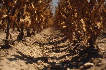Fototapeta premium Drought resistant crops grow in dry field with cracked soil showing resilience and adaptation to harsh climate conditions under hot sun