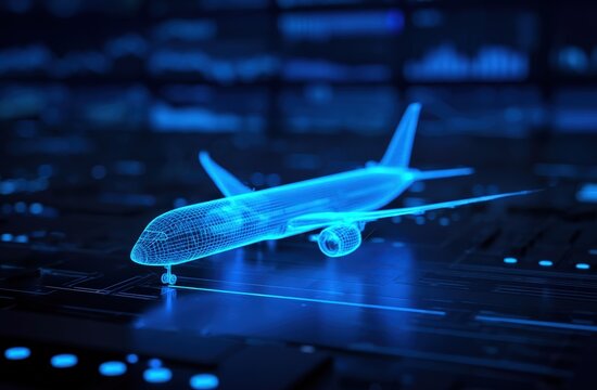 A blue holographic wireframe model of an airplane displayed above a digital surface, symbolizing futuristic aviation technology.
