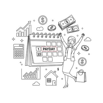Happy woman celebrating payday with a calendar, money, coins, graphs, and calculator, symbolizing financial success and earnings