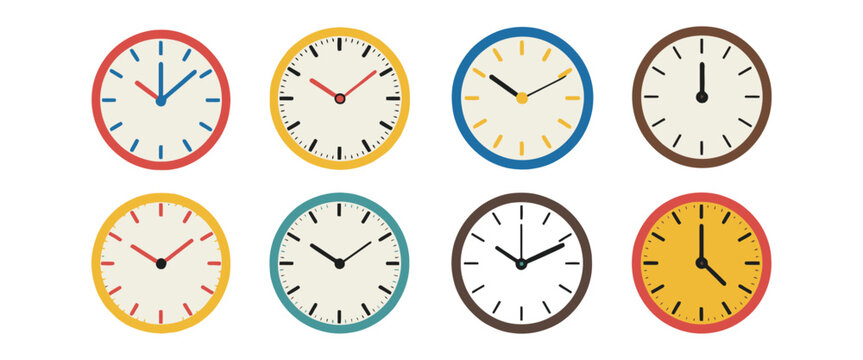 Clock Illustration Set with Colorful Circular Designs, Modern Time Icons Collection for UI Design, Web, Mobile Apps, Dashboard Interfaces and Digital Time Management Graphics