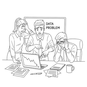 Worried business professionals facing a data problem and financial downturn with graph showing negative trend on laptop screen
