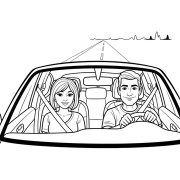 Happy couple driving safely on a journey, wearing seatbelts in their car, a cheerful black and white illustration depicting an enjoyable road trip adventure or a daily commute together