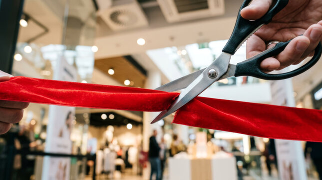 Grand opening ceremony with red ribbon cutting, hands holding scissors for store launch, retail business inauguration event in modern mall