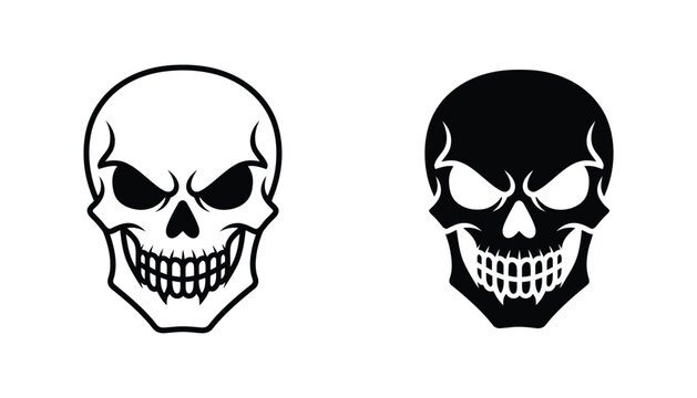 Scary human skull with sharp teeth silhouette and outline icons for horror and alternative fashion brand
