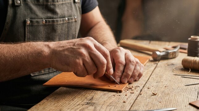 Male artisan in gray apron skillfully carves leather with a sharp tool on a wooden workbench, surrounded by various crafting tools and materials in a well-lit workshop environment