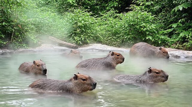Several capybaras bathing in a natural hot spring in a tropical forest. The large rodents relax in warm water with steam rising.