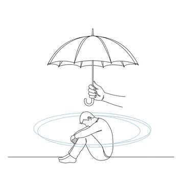 A hand holding an umbrella shelters a person sitting huddled in a circle, representing protection and emotional support during difficult times