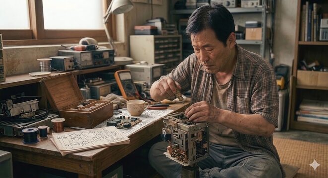 Skilled man concentrating on repairing mechanical parts at his home workshop