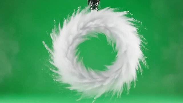A swirling vortex of white powder is ejected from a nozzle against a green background