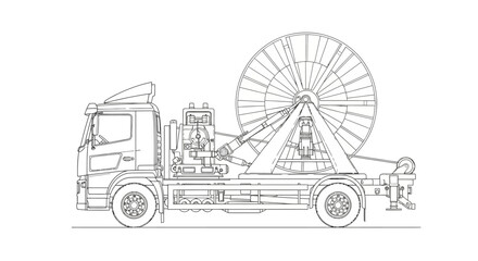 Obraz premium Detailed technical drawing of a heavy-duty truck equipped with a large cable reel and specialized machinery for cable laying operations.