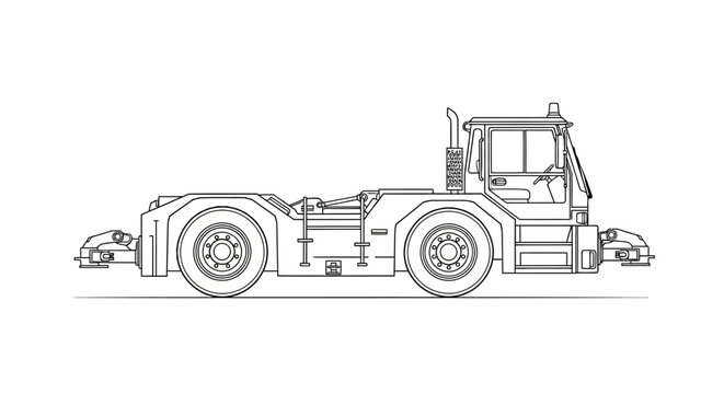 Line drawing illustration of a heavy-duty airport tow tractor, also known as a pushback tractor, used for moving aircraft.