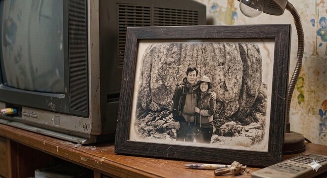 Vintage interior with an old CRT TV and a cherished black and white family photo