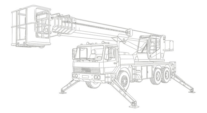 Detailed line drawing of a large aerial work platform truck with an extended boom and basket, showcasing its complex mechanical structure and outriggers.