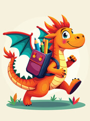 Fototapeta premium Dragon student wearing a backpack filled with colorful pencils runs happily towards the school building.