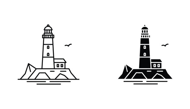 Lighthouse on rocky island vector set featuring coastal maritime beacon in outline and solid silhouette styles for travel branding sea navigation logos and nautical themed graphic design projects
