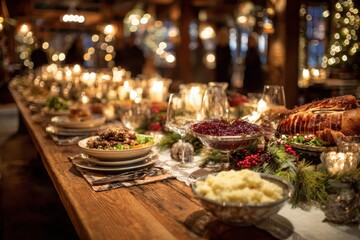 Fototapeta premium Elegant Holiday Buffet Setup with Plattered Dishes, Glassware, and Seasonal Decor