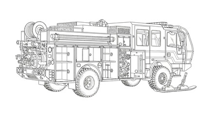 Obraz premium Detailed line drawing of a specialized all-terrain fire truck with advanced equipment for challenging environments.