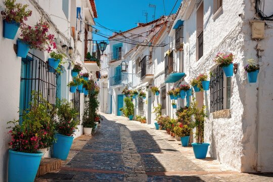 Empty white-washed street in a tranquil Andalusian village, blue flowerpots lining a narrow lane