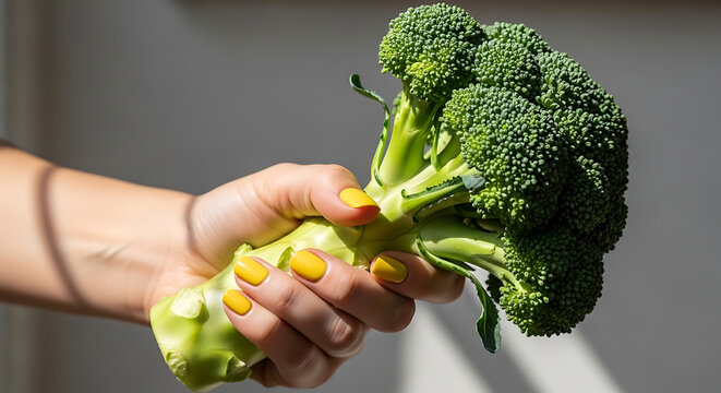 A woman holding a fresh green broccoli head in her hand