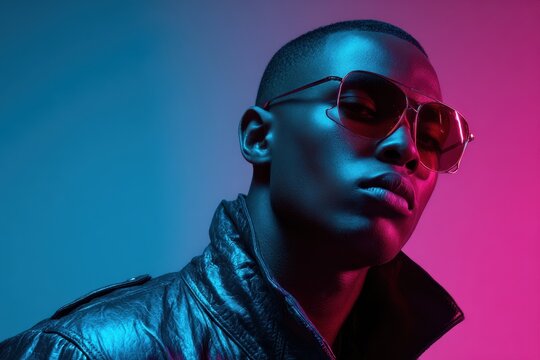 Fashion portrait of a stylish man wearing futuristic sunglasses under a pink backdrop with blue neon lighting