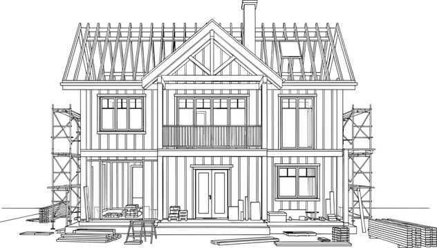 House construction drawing, scaffolding framework, architectural design illustration