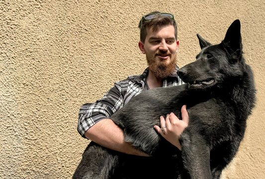 Domestic dog held in owners arms outdoors, showing close bond between pet and human, symbolizing care, trust, and companionship.