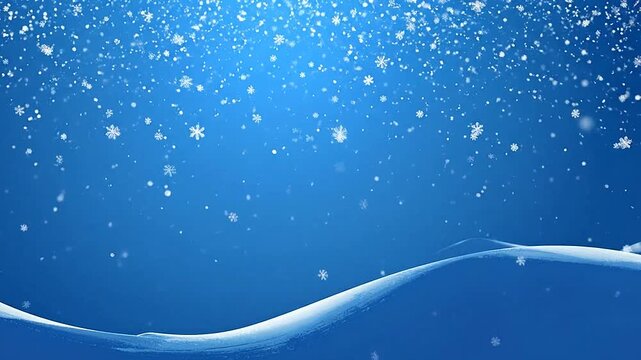 Falling snowflakes create a winter wonderland scene with rolling snowdrifts under a blue sky