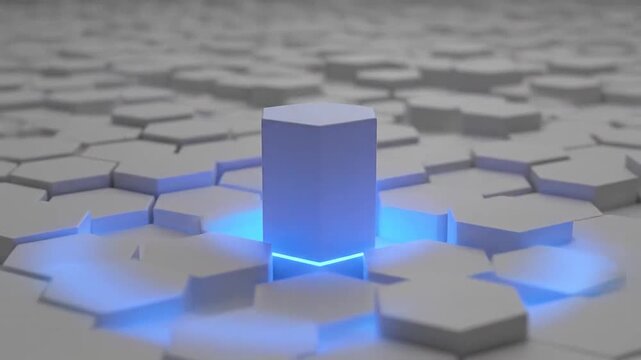 A single glowing hexagonal shape stands out from a field of muted hexagonal shapes