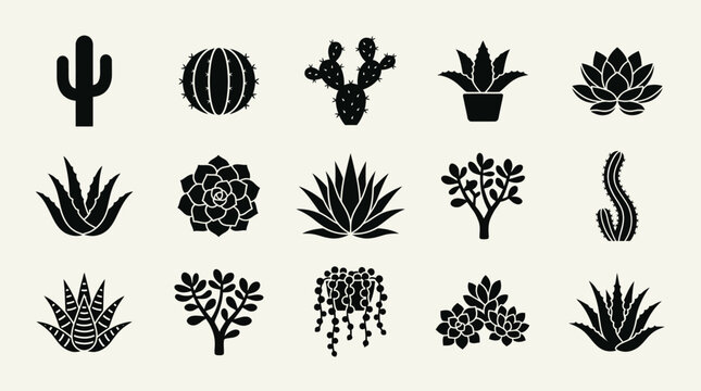 Flat silhouette icons of cactus and succulent plants